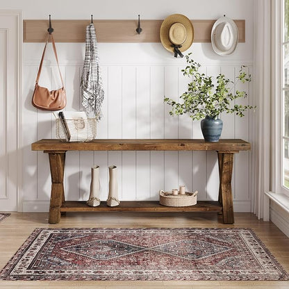 43.3" Solid Wood Bench, Farmhouse Wooden Entryway Bench with Storage Shelf, X-Shaped Leg Design, Entry Way Shoe Benches Seat for Hallway, Kitchen, Bedroom, Living Room
