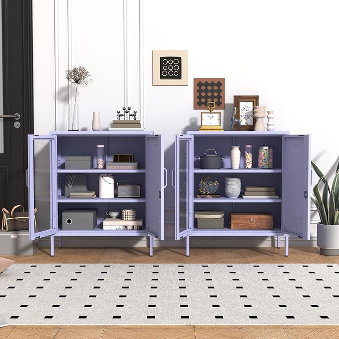 Purple Lockable Glass & Metal Door Storage Cabinet, 3-Tier Freestanding Locker Organizer with 2 Adjustable Shelves, Multipurpose Unit for Home, Entryway, Hallway, 33" H x 29.5" W x 13.8" D