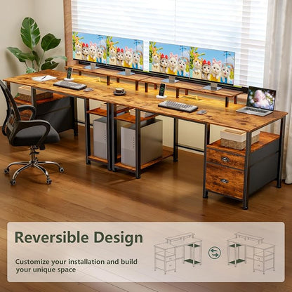 Furologee 51" Computer Desk with Power Outlet and LED Lights, Reversible Home Office Desk with File Cabinet & Monitor Stand, Large Gaming Table with Storage Shelves & Drawer, Rustic Brown