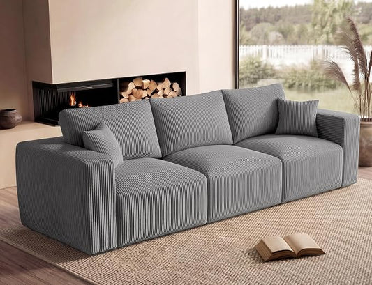 Modular Sectional Sofa, 115" Memory Foam Cloud 3-Seater Boneless Couch, Cozy Upholstered Corduroy Frameless Sofa, No Assembly Required Extra Wide Seating for Living Room & Apartment, Grey