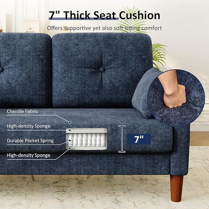 Vipbear 48" Loveseat Sofa,Modern Small Couches for Small Spaces,Blue Chenille Love Seat Couch for Living Room,Bedroom,Apartment,Office,Deep Seat,Throw Pillow,Side Pockets,Square Armrest