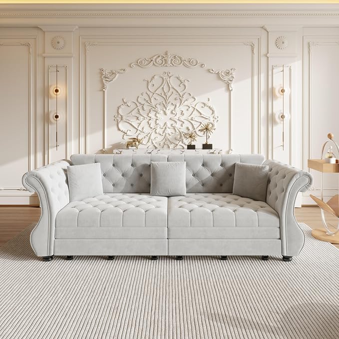 97.6" Oversized Pull Out Sofa Bed, Chesterfield Velvet Sleeper Sofa Couch with Roll Arm & Flower Tufting, Heavy Duty Metal Frame Convertible Sofa for Living Room, Apartment, Guest Room, Light