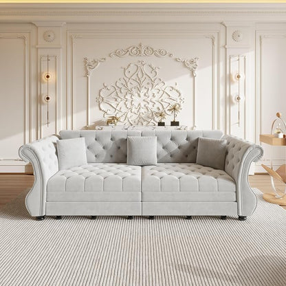 97.6" Oversized Pull Out Sofa Bed, Chesterfield Velvet Sleeper Sofa Couch with Roll Arm & Flower Tufting, Heavy Duty Metal Frame Convertible Sofa for Living Room, Apartment, Guest Room, Light