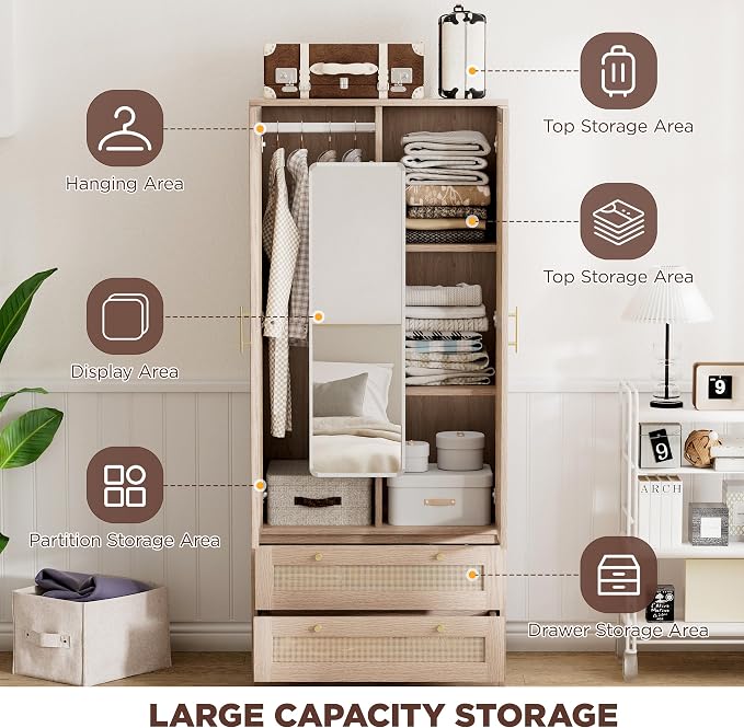 72" Tall Wardrobe Armoire Closet with Mirror, Rattan Armoire Storage Cabinet with 2 Doors and Hanging Rod, Wooden Wardrobe Closet Storage with 2 Larger Drawers and Shelves for Bedroom, Cloak Room