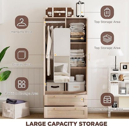 72" Tall Wardrobe Armoire Closet with Mirror, Rattan Armoire Storage Cabinet with 2 Doors and Hanging Rod, Wooden Wardrobe Closet Storage with 2 Larger Drawers and Shelves for Bedroom, Cloak Room