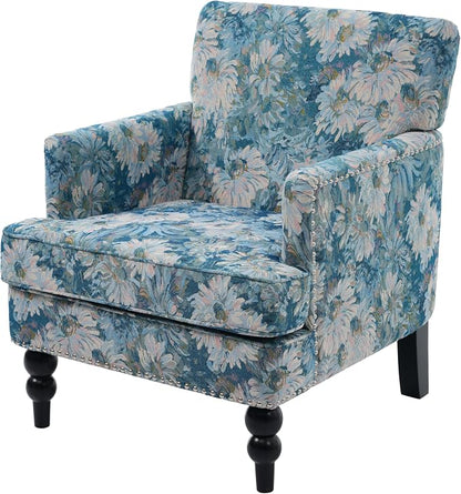 Christopher Knight Home Eve Modern Upholstered Club Chair, Wooden Living Room Accent Chair, Bedroom Comfy Reading Chair, Multifunctional Armchair, Blue Floral