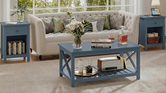 ChooChoo Farmhouse Nightstand Set of 2,Night Stand with Charging Station, Wooden Top Bedside End Table with Drawer and Storage Space for Bedroom, Blue