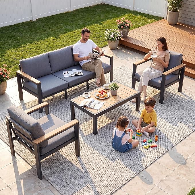 4-Piece Aluminum Patio Furniture Set, Outdoor Patio Conversation Set with 2 Chairs+3-Seat Sofa+Coffee Table, 1.5mm Thick Weather Resistant Frame, Removable Waterproof Cushions for Balcony Backyard