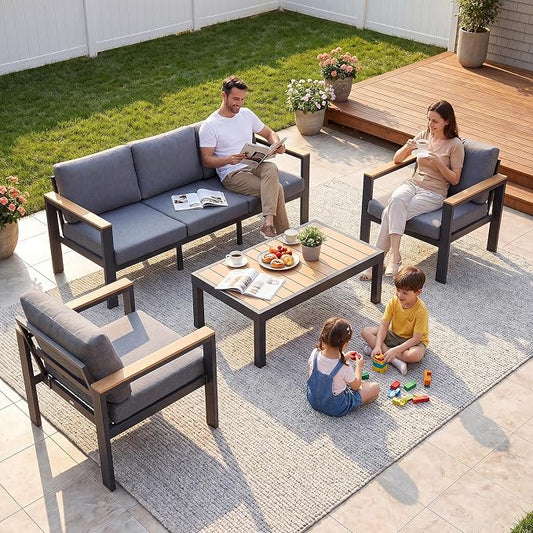 4-Piece Aluminum Patio Furniture Set, Outdoor Patio Conversation Set with 2 Chairs+3-Seat Sofa+Coffee Table, 1.5mm Thick Weather Resistant Frame, Removable Waterproof Cushions for Balcony Backyard