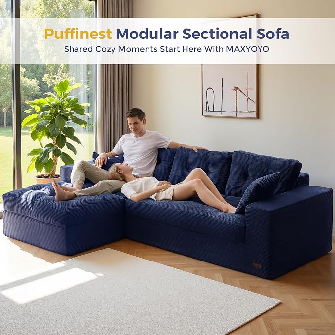 MAXYOYO 96" L Shaped Modular Sectional Sofa with Ottoman, Cloud Boneless Couch with Layered Cushion, Upholstered Flexible Module Combination Sofa for Living Room, No Assembly, Navy