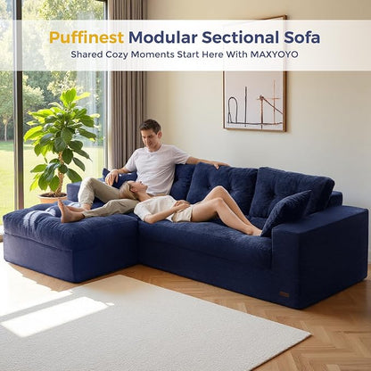 MAXYOYO 96" L Shaped Modular Sectional Sofa with Ottoman, Cloud Boneless Couch with Layered Cushion, Upholstered Flexible Module Combination Sofa for Living Room, No Assembly, Navy