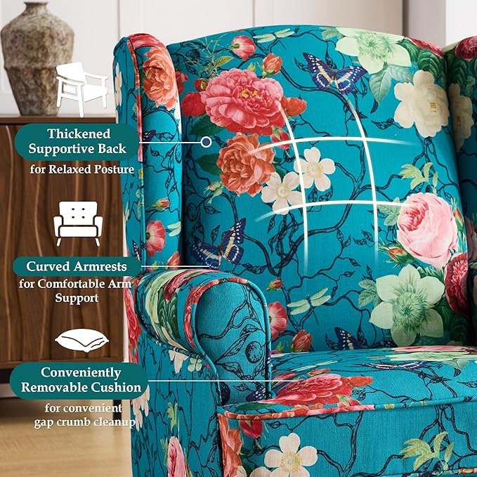 EROMMY Floral Accent Chair, Comfortable High Back Upholstered Armchair with Solid Wood Legs, Leisure Single Sofa Chair for Living Room, Bedroom, Home Office, Teal Floral