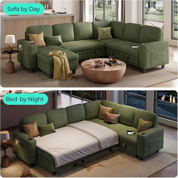 LINSY HOME Sectional Sofa with Pull Out Bed, 6 Seats Corduroy Reversible Sleeper Sofa with Storage Seats & Chaises, USB Ports, Cup Holders, Side Pocket, Sectional Couches for Living Room, Green