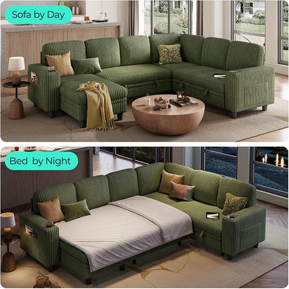 LINSY HOME Sectional Sofa with Pull Out Bed, 6 Seats Corduroy Reversible Sleeper Sofa with Storage Seats & Chaises, USB Ports, Cup Holders, Side Pocket, Sectional Couches for Living Room, Green