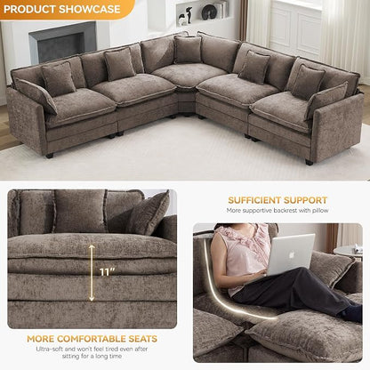 113'' V Shaped Cloud Sectional Sofa, Oversized Deep Seat Couches for Living Room, Chenille Comfy Upholstered Modular Sectional Sofa Couch,Brown