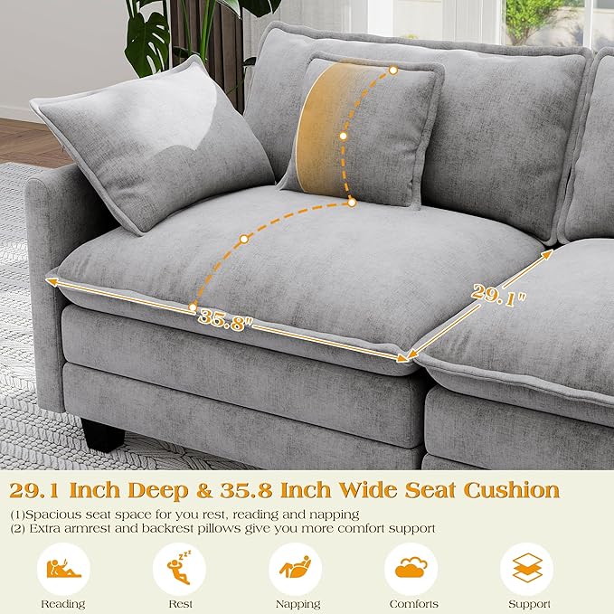 113.8" Modular Sectional Sofa,Cloud Couch for Living Room,Modern Deep Seat Sofa 5 Seater Chenille Fabric Comfy L Shaped Couches with Throw Pillows & Movable Ottoman for Apartment