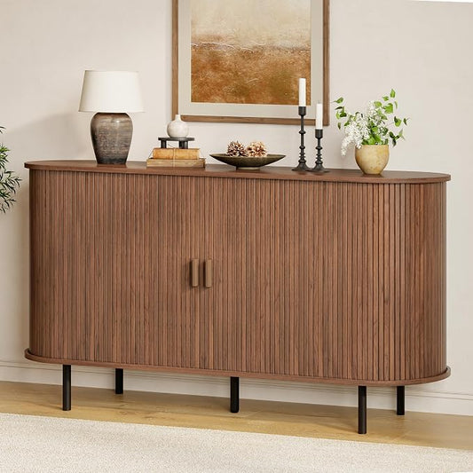 Buffet Sideboard Cabinet with Storage, 55" Fluted Cabinet with Sliding Door & Adjustable Shelf, Modern Accent Coffee Bar Console Table for Kitchen, Entryway, Walnut