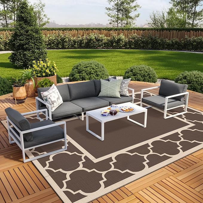 GENIMO 10 ' x 14 ' Outdoor Rug Waterproof for Patio Decor, Foldable Reversible Plastic Straw Area Rugs Mat for Camper, Outside Carpet for Rv, Deck, Porch, Picnic, Beach, Balcony, Coffee & Beige