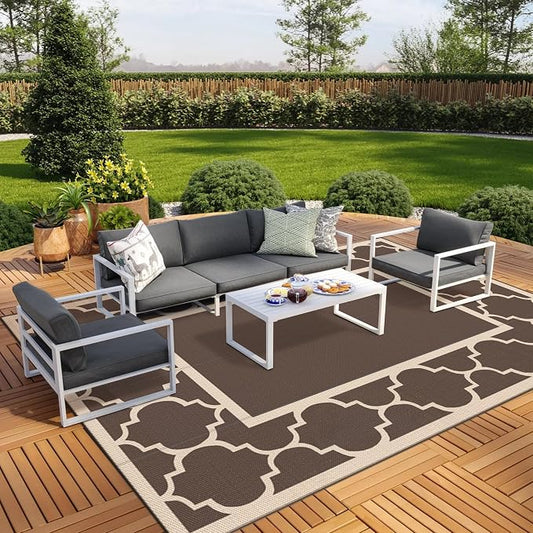 GENIMO 10 ' x 14 ' Outdoor Rug Waterproof for Patio Decor, Foldable Reversible Plastic Straw Area Rugs Mat for Camper, Outside Carpet for Rv, Deck, Porch, Picnic, Beach, Balcony, Coffee & Beige