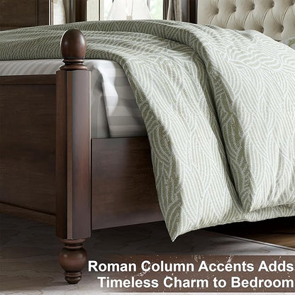AMERLIFE Solid Wood Bed Frame Queen Size, Transitional Platform Bed with 52.5" Upholstered Tufted Headboard, Rubberwood/Roman Column Accents/Wood Slat Support/No Box Spring Needed