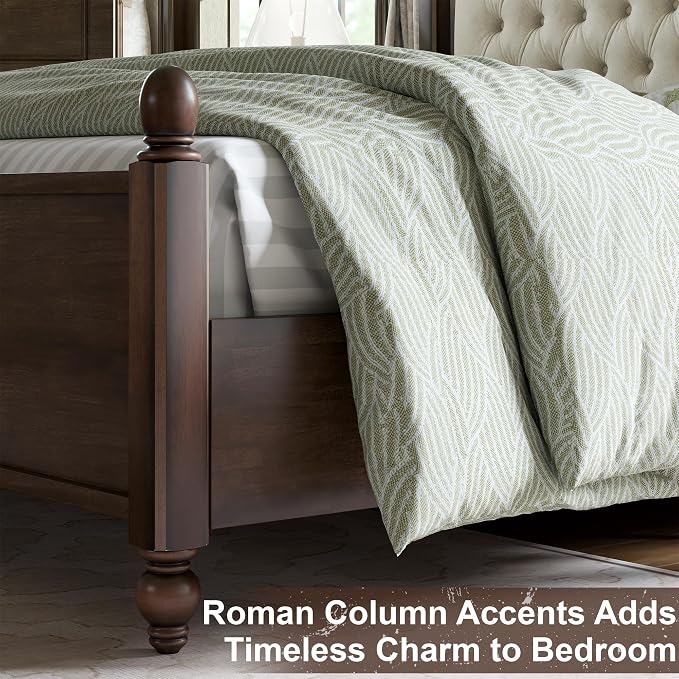AMERLIFE King Size Solid Wood Bed Frame, Transitional Platform Bed with 52.5" Upholstered Tufted Headboard, Rubberwood/Roman Column Accents/Wood Slat Support/No Box Spring Needed