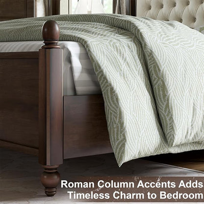 AMERLIFE King Size Solid Wood Bed Frame, Transitional Platform Bed with 52.5" Upholstered Tufted Headboard, Rubberwood/Roman Column Accents/Wood Slat Support/No Box Spring Needed