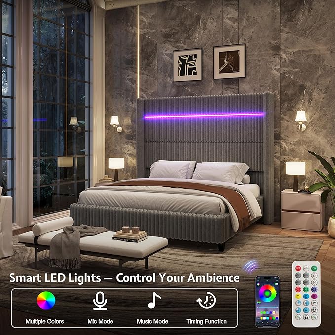 Jocisland King Bed Frame Faux-Fur Upholstered 60" Tall Headboard, Gray | Wingback Headboard, LED lights, USB Charging, Noise-free, No box spring needed, easy assembly, for Master Bedroom