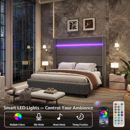 Jocisland Cal King Bed Frame Faux-Fur Upholstered 60" Tall Headboard, Gray | Wingback Headboard, LED lights, USB Charging, Noise-free, No box spring needed, easy assembly, for Tall People
