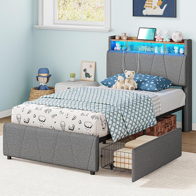LIKIMIO Twin Bed Frame with 2 Storage Drawers, Charging Station & LED Lights, Upholstered Platform Twin Bed with Storage Headboard, Strong Wooden Slats, No Box Spring Needed, Easy Assembly, Grey
