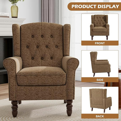 Mid-Century Modern Wingback Chair - Plush Upholstered Accent Armchair with Solid Oak Legs, Ergonomic High Back Lounge Chair for Living Room, Bedroom & Office - Retro Modern Reading Chair Creamy Brown