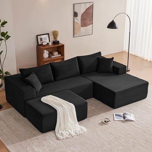 Mangodan 110” Cloud Sectional Couch, Boneless Sofa for Living Room, Modular Sectional Sofa with Deep Seat, Comfy Fluffy U-Shaped Couch with Right-Facing Chaise, No Assembly Required, Black