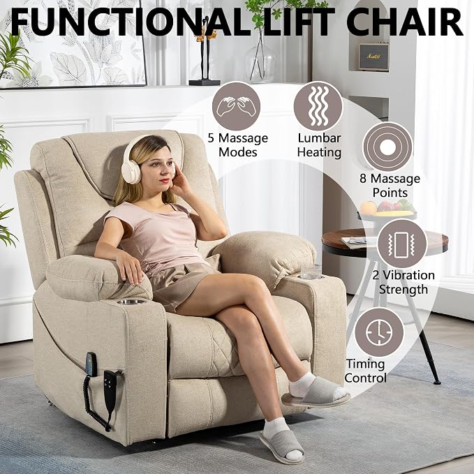 FUNECORP Large Power Lift Recliner Chair Sofa with Massage and Heat for Big and Tall Elderly,Infinite Positions,Dual Motor,Cup Holders,Extended Footrest,Velvet Home Theater Seat