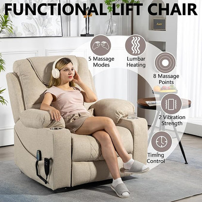FUNECORP Large Power Lift Recliner Chair Sofa with Massage and Heat for Big and Tall Elderly,Infinite Positions,Dual Motor,Cup Holders,Extended Footrest,Velvet Home Theater Seat