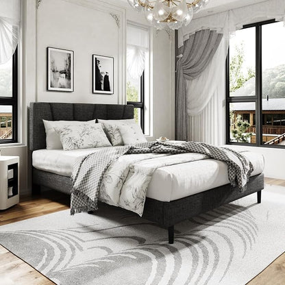 Sismplly Queen Size Platform Bed Frame with Modern Upholstered Headboard, Wooden Slats Support, Noise Free, No Box Spring Needed, Easy Assembly, Dark Grey, Linen