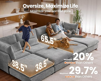 154" Oversized Chenille Couch Modular Sectional Sofa, Washable Cloud Couch Sectional with 2 Ottoman, 6 Seater Sectional Couches for Living Room, Fully Cover Removable, U Shaped, Chenille, Grey