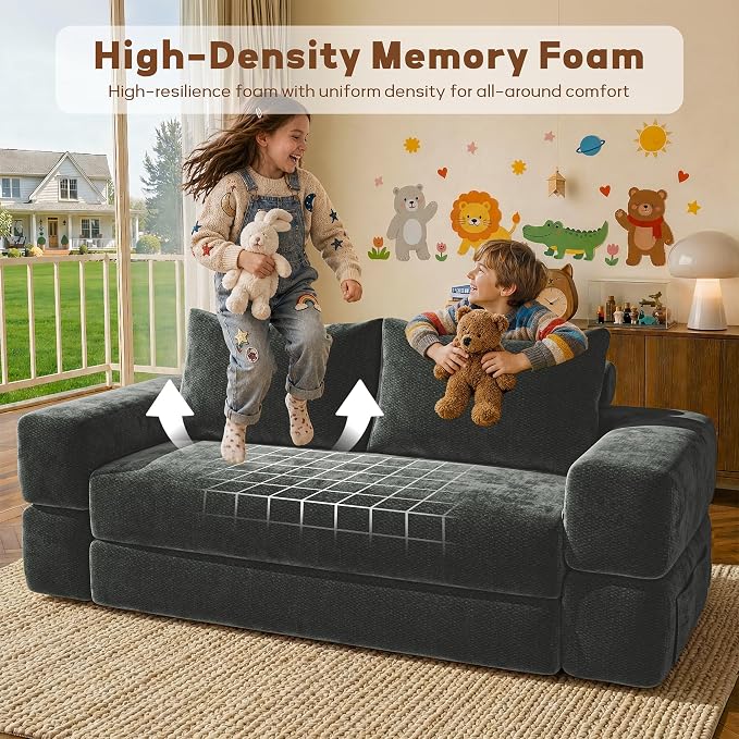 75'' Folding Convertible Sofa Bed with Large Pillow, 4-in-1 Foldable Pull Out Futon Sofa Bed, Chenille Boneless Mattress Couch, No Assembly Floor Sleeper Sofa Bed for Living Room/Bedroom, Dark Gray