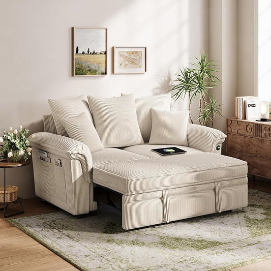 LINSY HOME Sectional Loveseat Sofa with Pull Out Chaise (Beige, 62.5'') | USB Charging