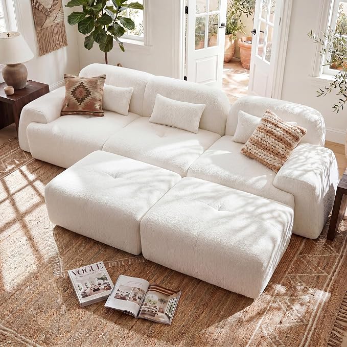 118'' Modular Sectional Cloud Couch Boneless Couches, Oversize Curved Sectional Couches for Living Room, Deep Seat Couch Lambswool Sofa with Ottoman & Throw Pillows, No Assembly, HR Foam
