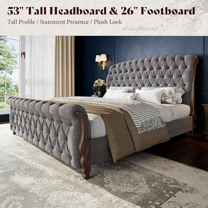 AMERLIFE Upholstered California King Bed Frame, 53" Tall Sleigh Bed with Button Tufted Chenille Headboard and Footboard, Platform Bed with Carved Solid Wood Legs, No Box Spring Needed, Dark Gray
