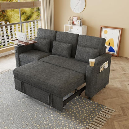 83" Recliner Sofa Bed, 3-in-1 Chenille Sleeper Sofa, Pull Out Couch Adjustable Backrest, USB, Side Pocket, Table, Cup Holder, Cloud Couch for Living Room, Apartment, Small Space, Dark Gray