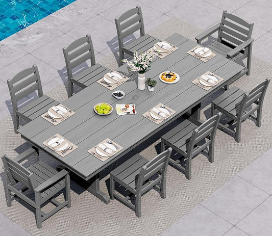 SERWALL 9 Piece 84" HDPE Outdoor Dining Set with 6 Armless Chairs, 2 Armchairs and Umbrella Hole for 8, Gray
