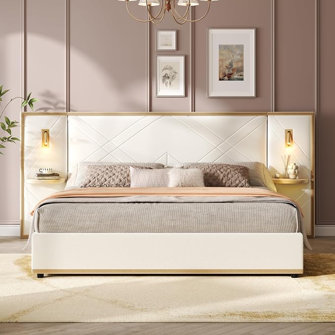 Merax King Bed Frame with 2 Built-in Led Lights and 2 Floating Storage Shelves, Luxury Velvet Upholstered Platform Bed Frame King Size with Wingback Headboard for Bedroom, No Box Spring Needed, Beige