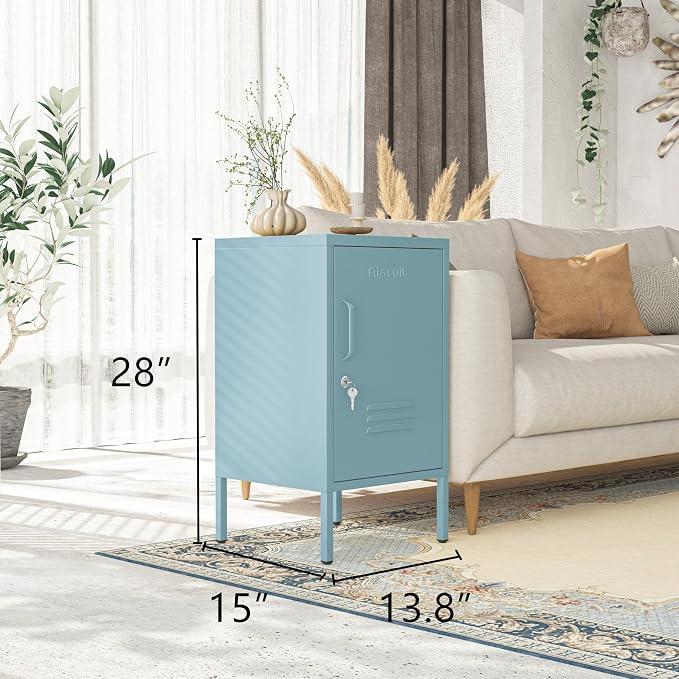 Single Door Lockable Metal End Table & Children's Bedside Table, 2-Tier Storage Cabinet with Adjustable Shelf, Easy Assembly Side Table for Living Room Bedroom Home Office Blue