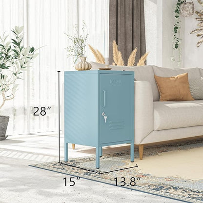 Single Door Lockable Metal End Table & Children's Bedside Table, 2-Tier Storage Cabinet with Adjustable Shelf, Easy Assembly Side Table for Living Room Bedroom Home Office Blue