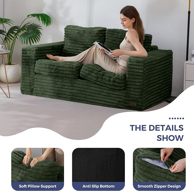 MAXYOYO Boneless Loveseat Sofa Couch for Adults, Floor Bean Bag Couch Sofa | Faux Fur Sofa with Armrests and Back Support, Plush Foam Filled Lounge Couch, Cozy Bean Bag Couch for Living Room, Apartment