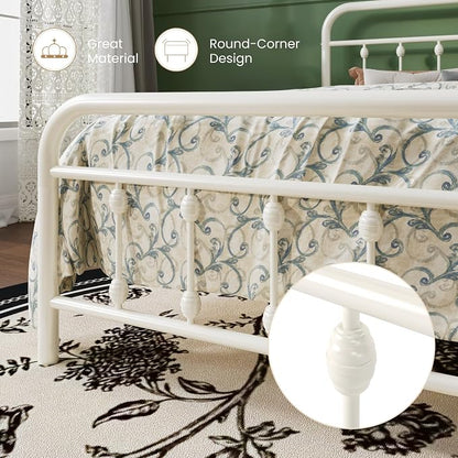 SHA CERLIN King Size Metal Platform Bed Frame with Victorian Style Iron-Art Headboard and Footboard, Easy Assembly, Under Bed Storage, No Box Spring Required, Off White