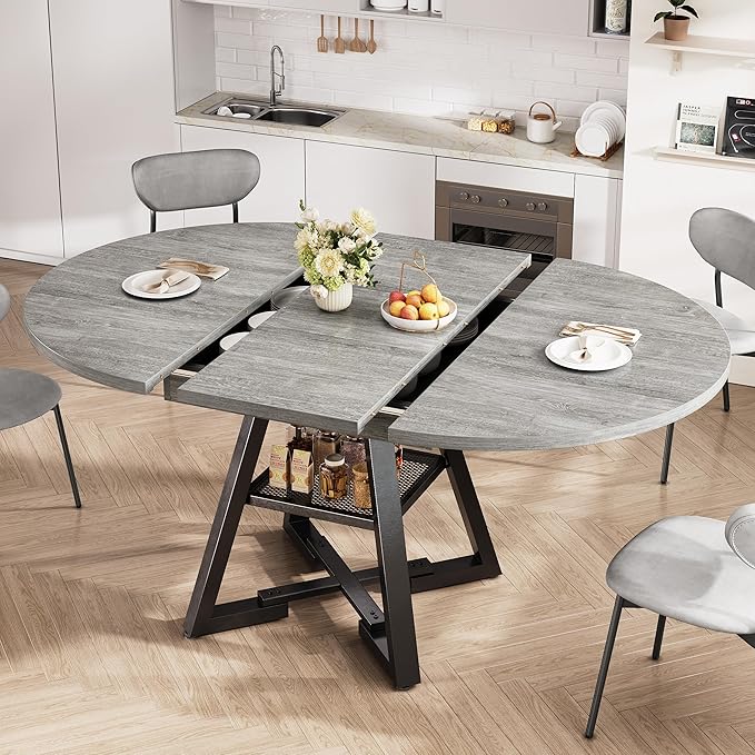 Expandable Kitchen Dining Table for 4-6, Oval Round Dining Table with Storage Shelf and Removable Extension Leaf, Space Saving Pedestal Table for Dining Room, Modern Industrial Style (Grey)