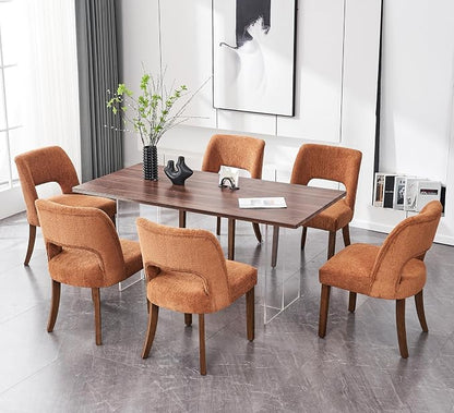 VKNOW Wooden Dining Chairs Set of 6, Modern Fabric Upholstered Dining Room Chair Kitchen Chairs, Farmhouse Dinner Chair for Kitchen Dining Room, Orange