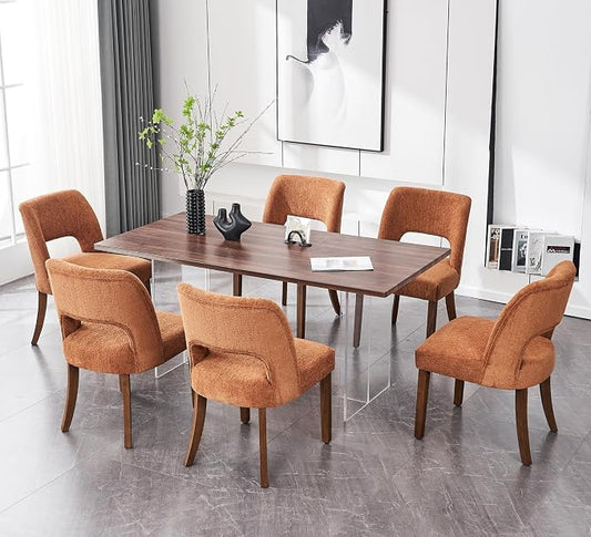 VKNOW Wooden Dining Chairs Set of 6, Modern Fabric Upholstered Dining Room Chair Kitchen Chairs, Farmhouse Dinner Chair for Kitchen Dining Room, Orange
