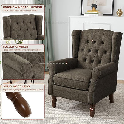 High Back Accent Chairs Set of 2, High Wingback Chair for Living Room, Button-Tufted Upholstered Fabric Armchair with Solid Wood Legs, Comfy Single Sofa Reading Chair for Bedroom, Taupe